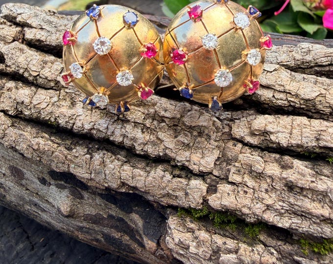 1960s 14k Gold Ruby Sapphire Diamond Dome Earrings
