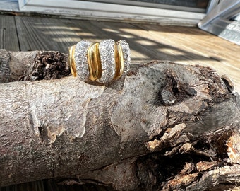 Yellow Gold and Diamond Ring, Chunky Gold Ring, Wide Diamond Band, Diamond Cocktail Ring