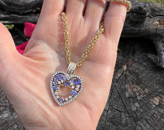 Vintage Tanzanite and Diamond Heart Pendant Necklace, Diamond and Tanzanite Heart Necklace, Heart Necklace, Heart Jewelry