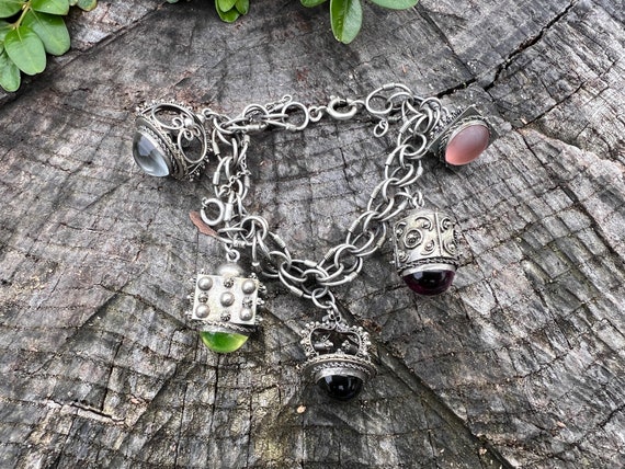 Silver Multi Stone Charm Bracelet, Large Charm Br… - image 4