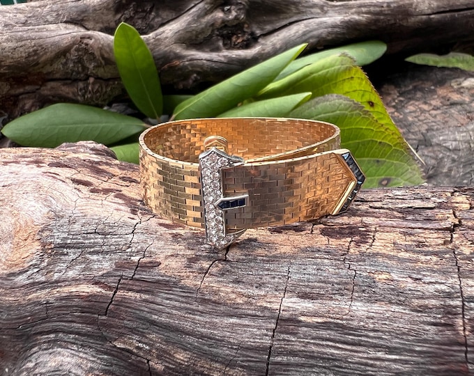 14k Gold Buckle Bracelet: Diamond & Sapphire, 1940s Retro