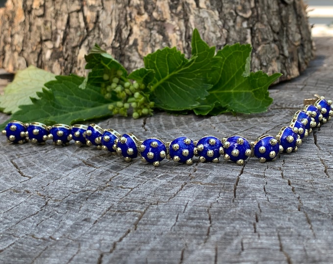 Vintage Blue Enamel and Gold Bracelet, 1960's Blue Enamel Bangle Bracelet