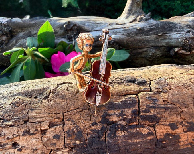 14K Yellow Gold Enamel Cello with Player