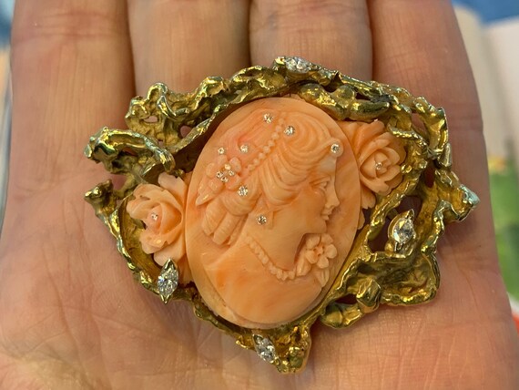 Vintage Coral Cameo, Coral Cameo, Gold Coral Came… - image 3