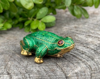 Green Enamel Frog, Gold Enamel Frog, Gold Frog Brooch, Gold Frog Pin