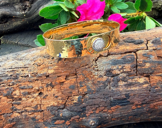 14K Yellow Gold Hammered Bangle, Diamond Cluster, Vintage Phillips House Jewelry