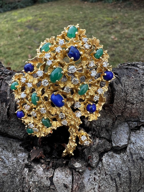 Lapis Flower Brooch, Emerald Flower Pin, Diamond … - image 4