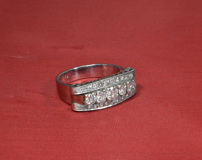Retro White Gold Diamond Ring, Retro Wedding Band, Diamond Wedding Band, Wide Wedding Band