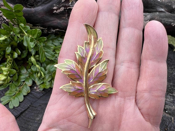 Gold Leaf Brooch, Enamel Brooch, Leaf Brooch - image 7