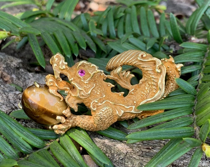 18k Yellow Gold Dragon Brooch, Tigers Eye Brooch, Dragon Jewelry
