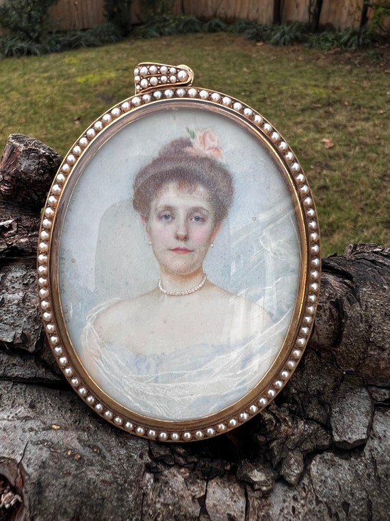 Victorian Portrait Pendant, Hand Painted Pendant,… - image 1