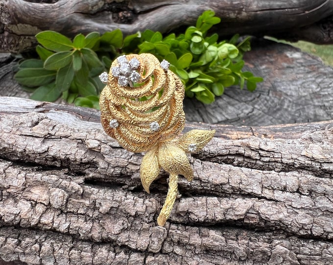 Diamond Flower Brooch, Diamond Rose Pin, Gold Flower, Diamond Rose, Floral Brooch  Flower Pin