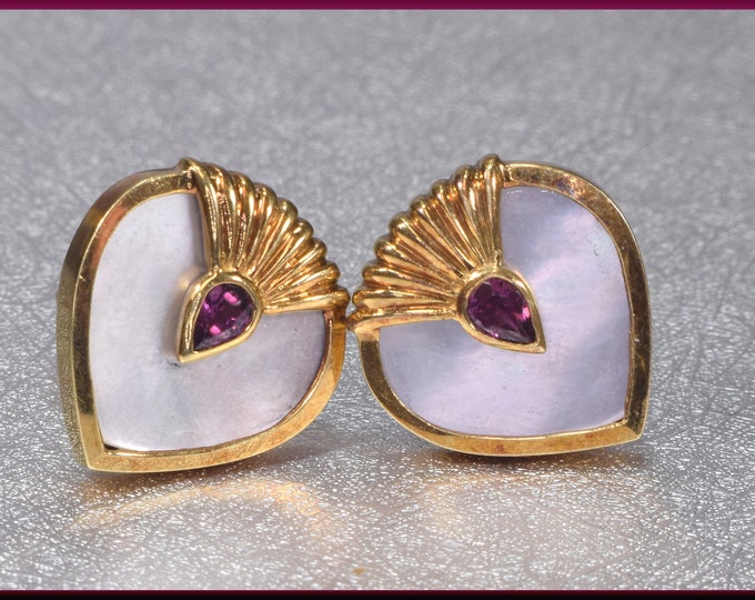 Mother of Pearl Heart Earrings, Yellow Gold Heart Earrings, Mother of Pearl Earrings, Pink Tourmaline Earrings,