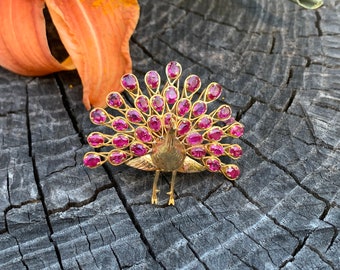 孔雀のブローチ、鳥のブローチ、金の孔雀のピン、ルビーの孔雀の