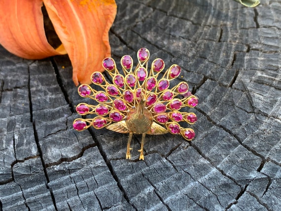 Huge Tomato Royal Style Peacock Branch Vintage Pearl Brooch, Pink