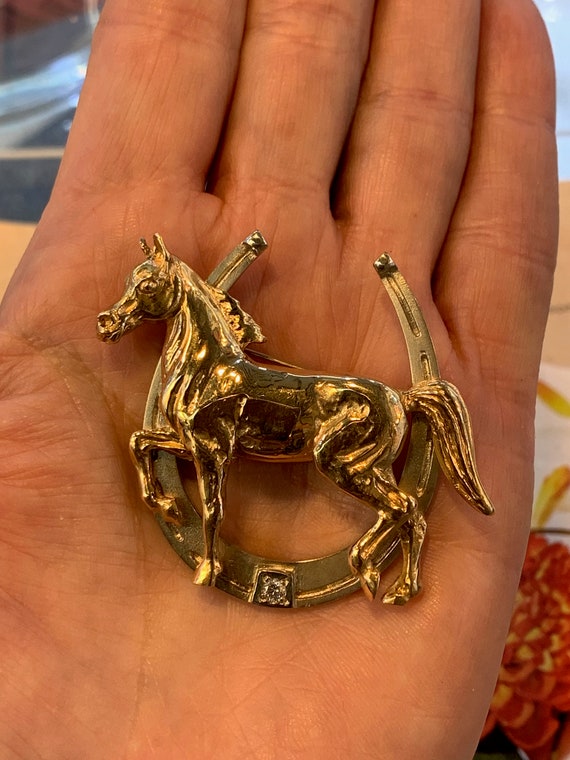 Diamond Horse Pin, Gold Horse Brooch, Equestrian Pin,… Gem
