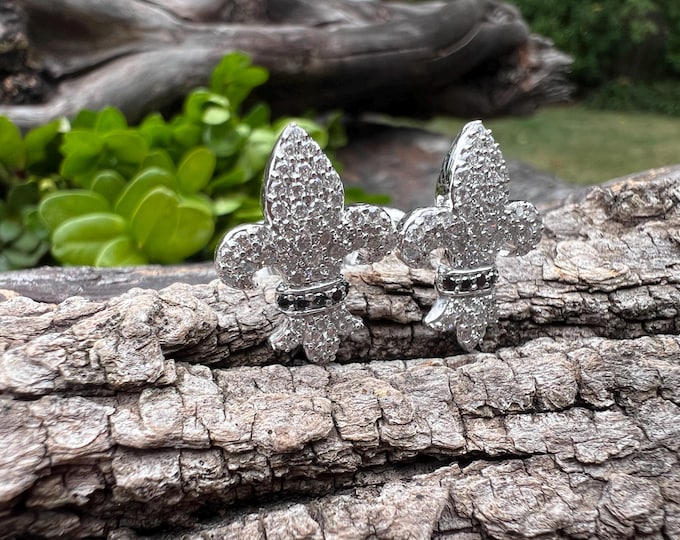 Fleur de Lis Cufflinks, Diamond Fleur de Lis Cufflinks, Grooms Gift, Wedding Cufflinks, Diamond Cufflinks