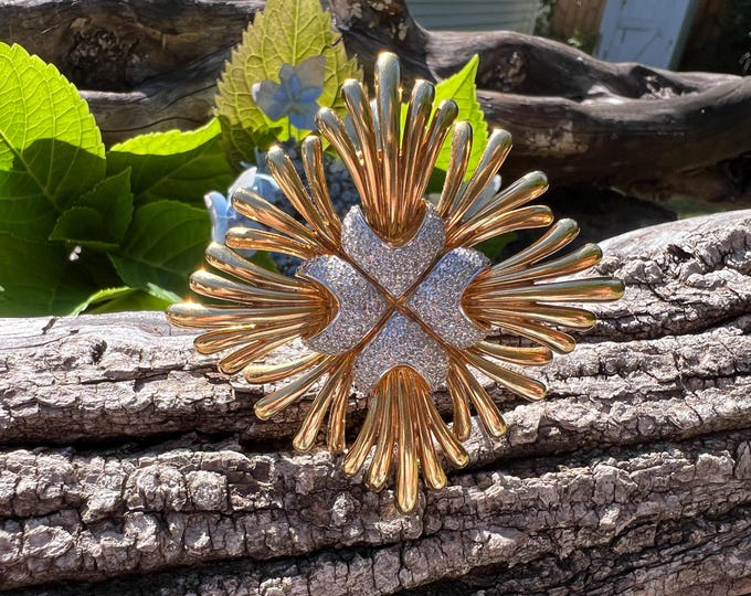 Gold Sunburst Brooch, Starburst Diamond Pin, Gold and Diamond Brooch, Sunburst Brooch