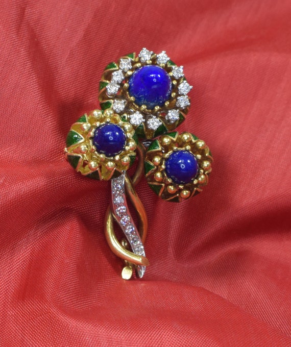 18k Yellow Gold Brooch, Gold and Lapis Brooch, Ena