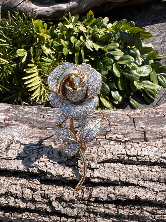 Diamond Flower Brooch, Diamond Rose Pin, Gold Flo… - image 8