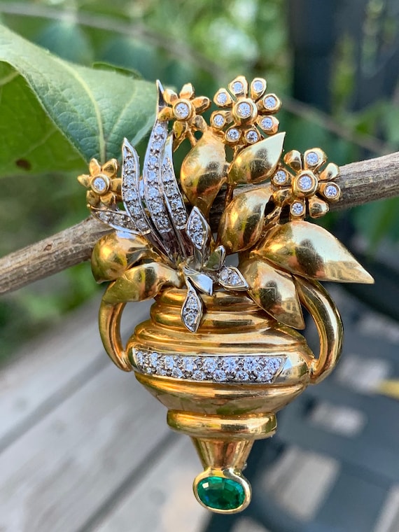Diamond Flower Brooch, Emerald Flower Brooch, Gold