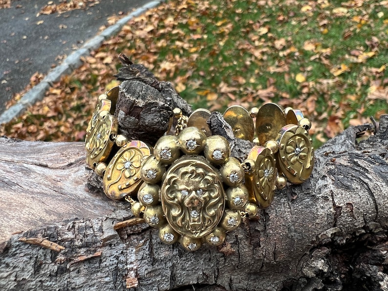 Victoriaanse armband, armband leeuw, armband madeliefje, antieke leeuw armband, armband bloemen, dierensieraden afbeelding 2