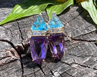 Gold Amethyst Earrings,   Amethyst and Topaz Earrings, Topaz and Diamond Earrings, Multi Gem Earrings