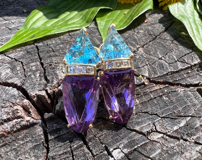 Gold Amethyst Earrings,   Amethyst and Topaz Earrings, Topaz and Diamond Earrings, Multi Gem Earrings