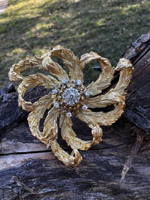 Diamond Flower Brooch, Diamond Spray Pin, Gold Fl… - image 1