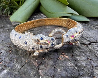 18k Gold Diamond Chimera Bangle: Ruby-Eyed Lion Head Bracelet