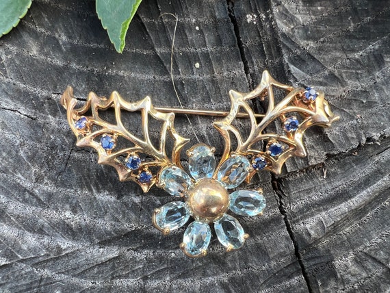 Aquamarine Brooch, Sapphire Brooch, Flower Brooch… - image 9