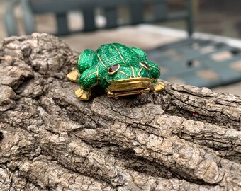 Green Enamel Frog, Gold Enamel Frog, Gold Frog Brooch, Gold Frog