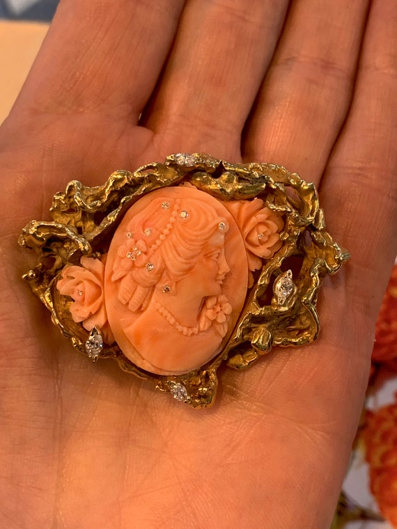 Vintage Coral Cameo, Coral Cameo, Gold Coral Came… - image 5