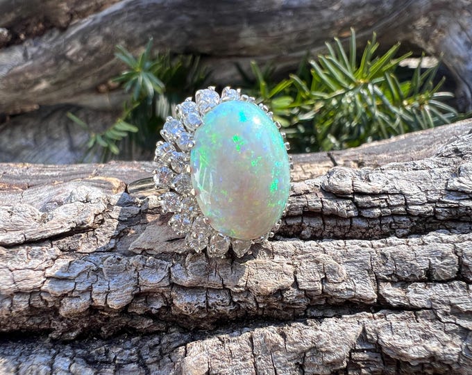 Opal and Diamond Ring, Vintage Opal Ring, Large Opal Ring
