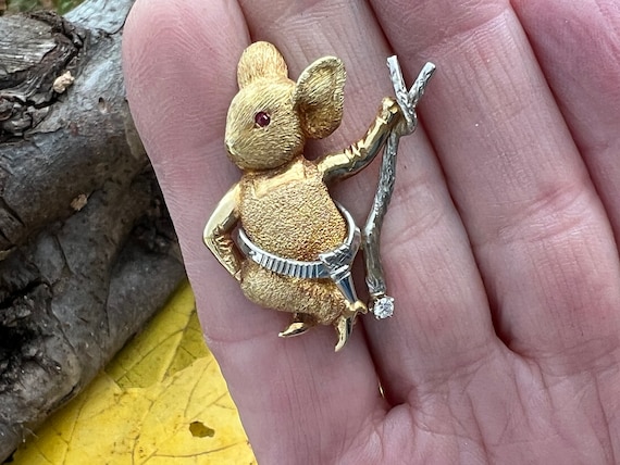 Yellow Gold Mouse Brooch, Cute Mouse Brooch, Gold… - image 9