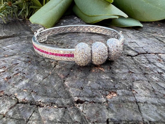18k White Gold Diamond Ruby Bangle: Vintage Style - image 1