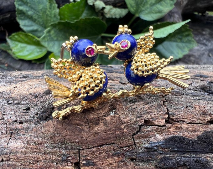Lovebirds Brooch, Bird Brooch, Lapis Bird Brooch