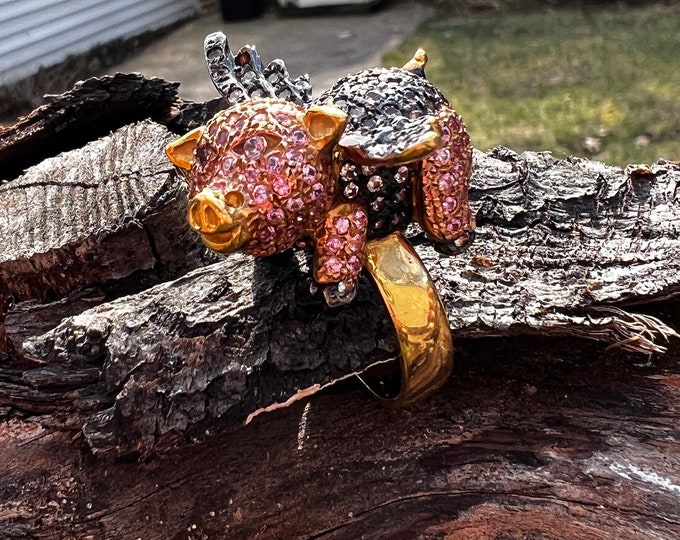 Gold Pig Ring, Sapphire Pig Ring, Pink Sapphire Pig Ring, Flying Pig Ring