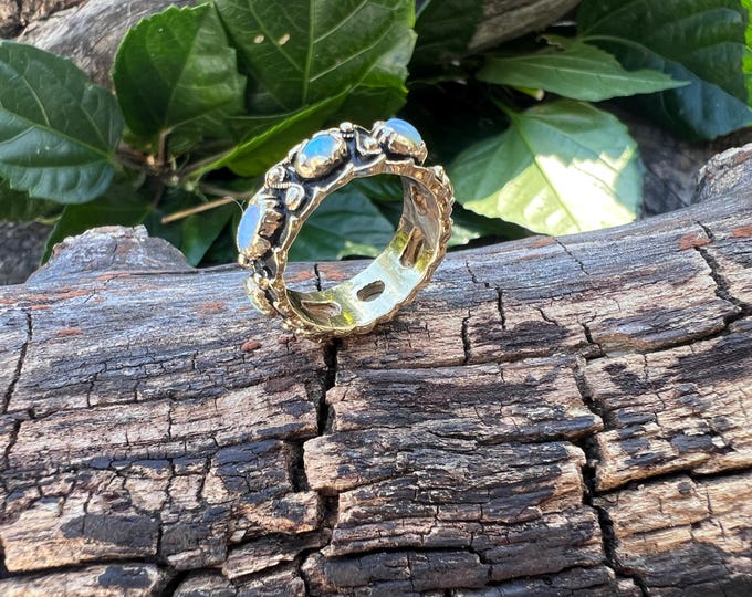 14k Gold Opal Eternity Band - Etruscan Style Wide Ring, Size 7