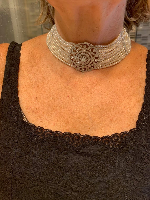Platinum Pearl Choker, Art Deco Style Choker, Diamond and