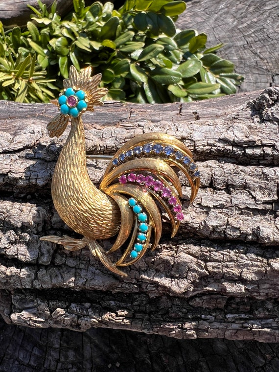 Rooster Brooch, Bird Brooch, Gold Rooster Pin, Roo