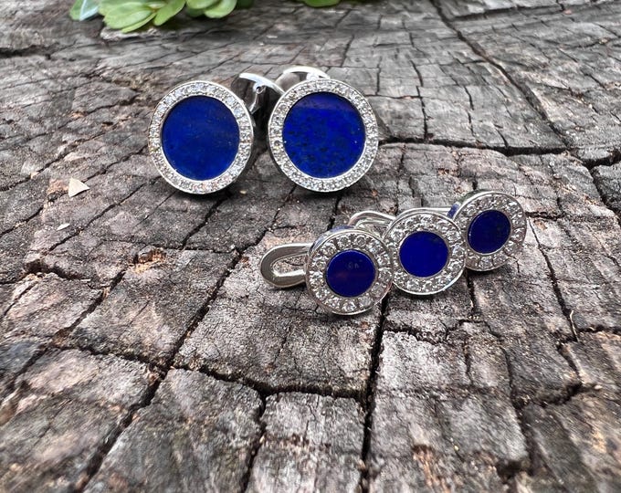 Lapis Cufflinks, Diamond Cufflinks, Lapis Stud Set, Diamond Stud Set