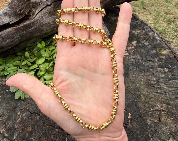 18k Yellow Gold Double Circle Link Necklace, 32" Long Chain