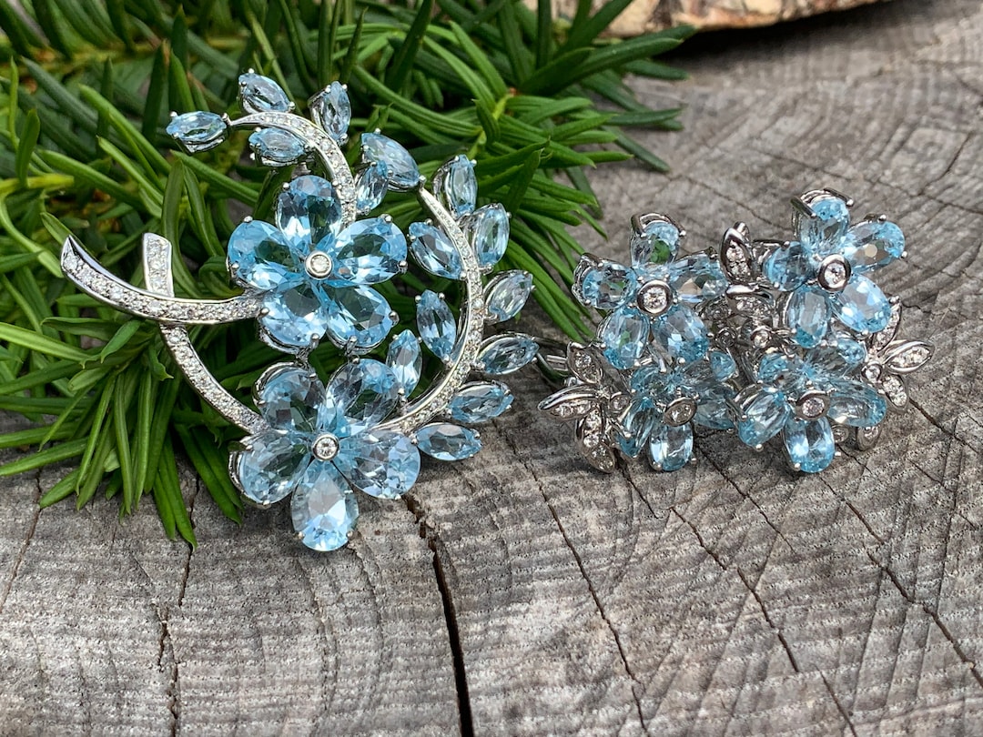 Blue Topaz Brooch, Topaz Flower Brooch, Blue Topaz Earring, Diamond Brooch, Flower Brooch Etsy