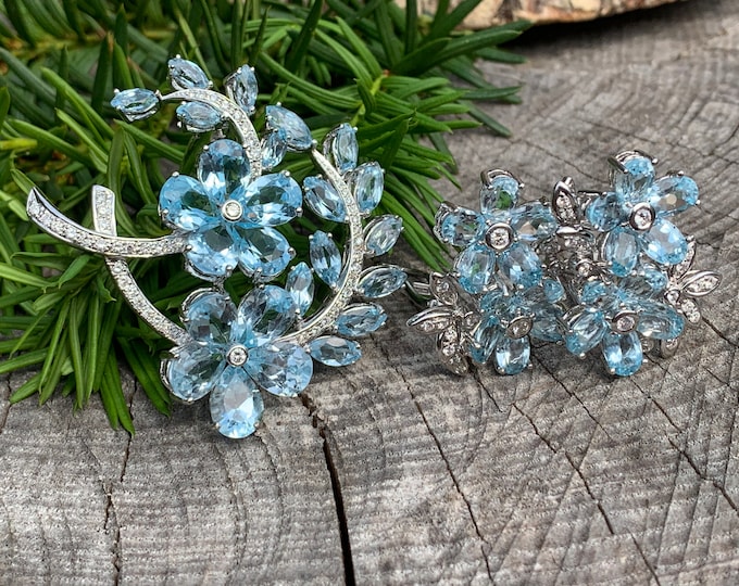 Blue Topaz Brooch, Topaz Flower Brooch, Blue Topaz Earring, Diamond Brooch, Flower Brooch