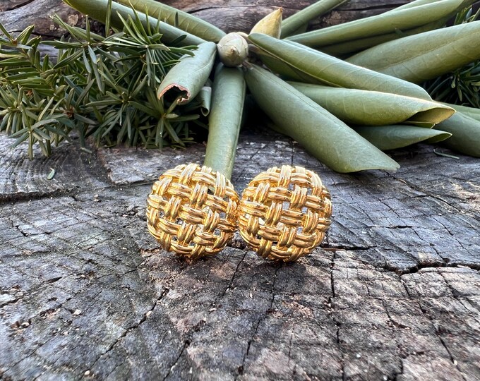 Gold Basket Weave Earrings, Basket Weave Studs