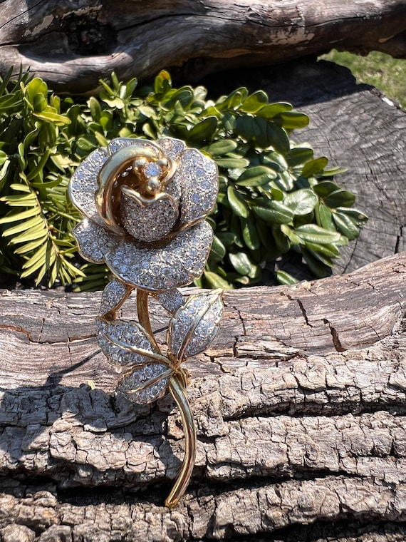 Diamond Flower Brooch, Diamond Rose Pin, Gold Flow