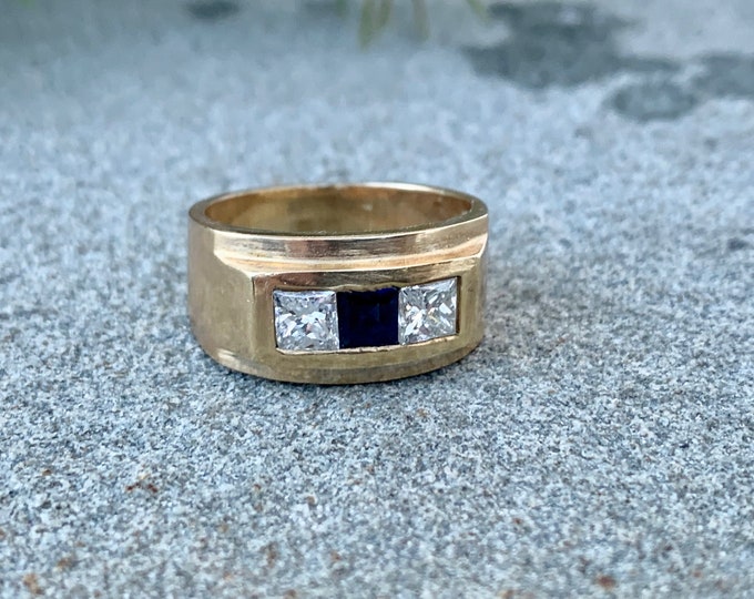 Sapphire Ring, 3 Stone Ring, Sapphire and Diamond Ring, Sapphire Gypsy Ring, Diamond Gypsy Ring