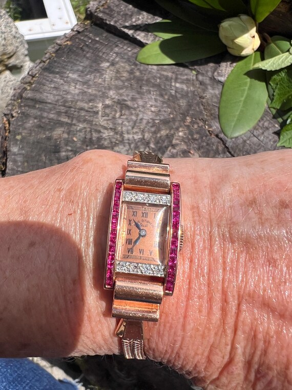 14k Rose Gold Retro Ruby Diamond Watch - Paul Dit… - image 3