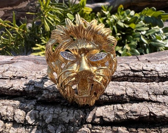 Lion Pendant, Lion Necklace, Gold Lion Pin, Diamond Lion, Gold Lion Brooch, Gold Lion Pendant